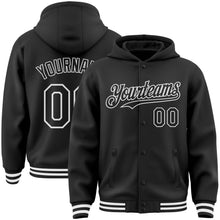 Load image into Gallery viewer, Custom Black White Bomber Full-Snap Varsity Letterman Hoodie Jacket
