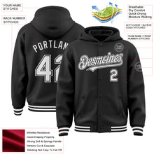 Load image into Gallery viewer, Custom Black White Bomber Full-Snap Varsity Letterman Hoodie Jacket
