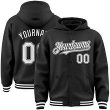 Load image into Gallery viewer, Custom Black White Bomber Full-Snap Varsity Letterman Hoodie Jacket
