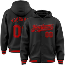 Load image into Gallery viewer, Custom Black Red Bomber Full-Snap Varsity Letterman Hoodie Jacket
