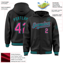 Load image into Gallery viewer, Custom Black Pink-Teal Bomber Full-Snap Varsity Letterman Hoodie Jacket
