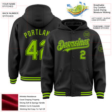 Laden Sie das Bild in den Galerie-Viewer, Custom Black Neon Green Bomber Full-Snap Varsity Letterman Hoodie Jacket
