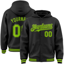 Laden Sie das Bild in den Galerie-Viewer, Custom Black Neon Green Bomber Full-Snap Varsity Letterman Hoodie Jacket
