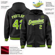 Laden Sie das Bild in den Galerie-Viewer, Custom Black Neon Green-White Bomber Full-Snap Varsity Letterman Hoodie Jacket
