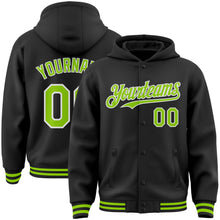 Laden Sie das Bild in den Galerie-Viewer, Custom Black Neon Green-White Bomber Full-Snap Varsity Letterman Hoodie Jacket
