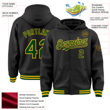 Load image into Gallery viewer, Custom Black Green-Gold Bomber Full-Snap Varsity Letterman Hoodie Jacket

