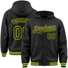 Load image into Gallery viewer, Custom Black Green-Gold Bomber Full-Snap Varsity Letterman Hoodie Jacket
