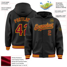 Load image into Gallery viewer, Custom Black Crimson-Gold Bomber Full-Snap Varsity Letterman Hoodie Jacket
