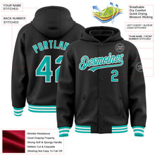 Load image into Gallery viewer, Custom Black Aqua-White Bomber Full-Snap Varsity Letterman Hoodie Jacket
