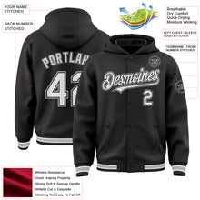 Load image into Gallery viewer, Custom Black White-Gray Bomber Full-Snap Varsity Letterman Hoodie Jacket
