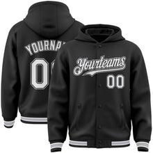 Load image into Gallery viewer, Custom Black White-Gray Bomber Full-Snap Varsity Letterman Hoodie Jacket
