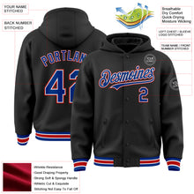 Load image into Gallery viewer, Custom Black Royal-Red Bomber Full-Snap Varsity Letterman Hoodie Jacket
