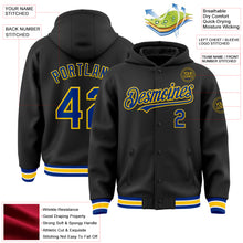 Load image into Gallery viewer, Custom Black Royal-Yellow Bomber Full-Snap Varsity Letterman Hoodie Jacket
