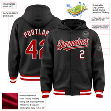 Laden Sie das Bild in den Galerie-Viewer, Custom Black Red-White Bomber Full-Snap Varsity Letterman Hoodie Jacket

