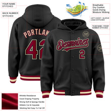 Load image into Gallery viewer, Custom Black Maroon-Cream Bomber Full-Snap Varsity Letterman Hoodie Jacket
