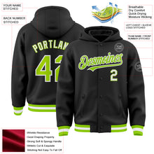 Laden Sie das Bild in den Galerie-Viewer, Custom Black Neon Green-White Bomber Full-Snap Varsity Letterman Hoodie Jacket
