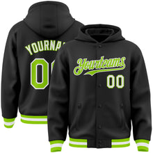 Laden Sie das Bild in den Galerie-Viewer, Custom Black Neon Green-White Bomber Full-Snap Varsity Letterman Hoodie Jacket
