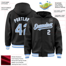 Load image into Gallery viewer, Custom Black Light Blue-White Bomber Full-Snap Varsity Letterman Hoodie Jacket
