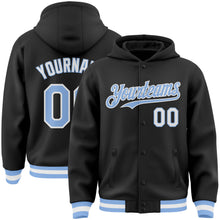 Load image into Gallery viewer, Custom Black Light Blue-White Bomber Full-Snap Varsity Letterman Hoodie Jacket
