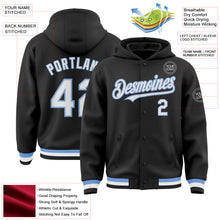 Load image into Gallery viewer, Custom Black White-Light Blue Bomber Full-Snap Varsity Letterman Hoodie Jacket
