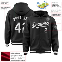 Load image into Gallery viewer, Custom Black White Bomber Full-Snap Varsity Letterman Hoodie Jacket

