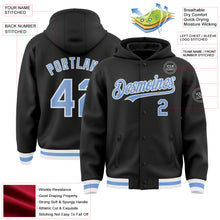 Load image into Gallery viewer, Custom Black Light Blue-White Bomber Full-Snap Varsity Letterman Hoodie Jacket
