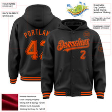 Загрузить изображение в средство просмотра галереи, Custom Black Orange Bomber Full-Snap Varsity Letterman Hoodie Jacket
