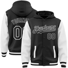 Load image into Gallery viewer, Custom Black White Bomber Full-Snap Varsity Letterman Two Tone Hoodie Jacket
