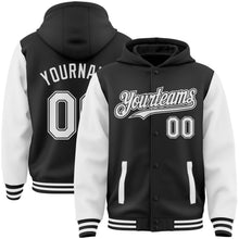 Load image into Gallery viewer, Custom Black White Bomber Full-Snap Varsity Letterman Two Tone Hoodie Jacket
