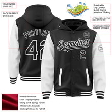 Load image into Gallery viewer, Custom Black White Bomber Full-Snap Varsity Letterman Two Tone Hoodie Jacket
