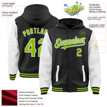 Laden Sie das Bild in den Galerie-Viewer, Custom Black Neon Green-White Bomber Full-Snap Varsity Letterman Two Tone Hoodie Jacket

