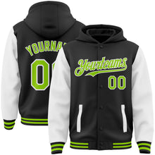Laden Sie das Bild in den Galerie-Viewer, Custom Black Neon Green-White Bomber Full-Snap Varsity Letterman Two Tone Hoodie Jacket
