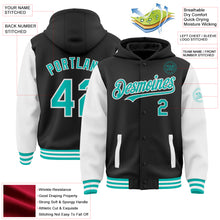 Load image into Gallery viewer, Custom Black Aqua-White Bomber Full-Snap Varsity Letterman Two Tone Hoodie Jacket
