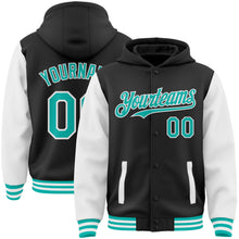 Load image into Gallery viewer, Custom Black Aqua-White Bomber Full-Snap Varsity Letterman Two Tone Hoodie Jacket
