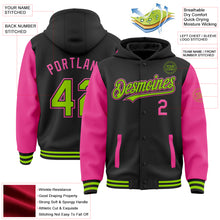 Laden Sie das Bild in den Galerie-Viewer, Custom Black Neon Green-Pink Bomber Full-Snap Varsity Letterman Two Tone Hoodie Jacket
