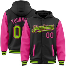 Laden Sie das Bild in den Galerie-Viewer, Custom Black Neon Green-Pink Bomber Full-Snap Varsity Letterman Two Tone Hoodie Jacket
