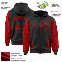 Load image into Gallery viewer, Custom Black Red Bomber Full-Snap Varsity Letterman Two Tone Hoodie Jacket
