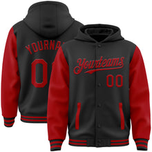 Load image into Gallery viewer, Custom Black Red Bomber Full-Snap Varsity Letterman Two Tone Hoodie Jacket
