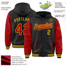 Charger l&#39;image dans la galerie, Custom Black Red-Gold Bomber Full-Snap Varsity Letterman Two Tone Hoodie Jacket
