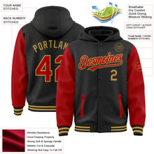 Charger l&#39;image dans la galerie, Custom Black Red-Old Gold Bomber Full-Snap Varsity Letterman Two Tone Hoodie Jacket
