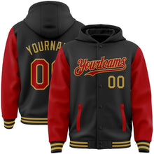 Charger l&#39;image dans la galerie, Custom Black Red-Old Gold Bomber Full-Snap Varsity Letterman Two Tone Hoodie Jacket

