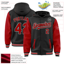 Load image into Gallery viewer, Custom Black Red-White Bomber Full-Snap Varsity Letterman Two Tone Hoodie Jacket
