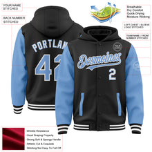 Load image into Gallery viewer, Custom Black Light Blue-White Bomber Full-Snap Varsity Letterman Two Tone Hoodie Jacket
