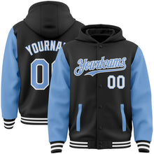 Load image into Gallery viewer, Custom Black Light Blue-White Bomber Full-Snap Varsity Letterman Two Tone Hoodie Jacket
