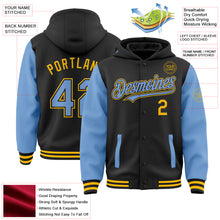 Load image into Gallery viewer, Custom Black Light Blue-Gold Bomber Full-Snap Varsity Letterman Two Tone Hoodie Jacket
