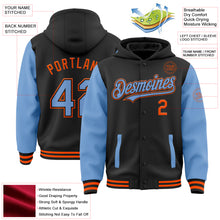 Load image into Gallery viewer, Custom Black Light Blue-Orange Bomber Full-Snap Varsity Letterman Two Tone Hoodie Jacket
