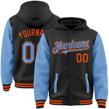 Load image into Gallery viewer, Custom Black Light Blue-Orange Bomber Full-Snap Varsity Letterman Two Tone Hoodie Jacket

