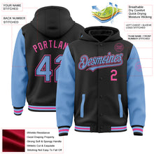 Load image into Gallery viewer, Custom Black Light Blue-Pink Bomber Full-Snap Varsity Letterman Two Tone Hoodie Jacket

