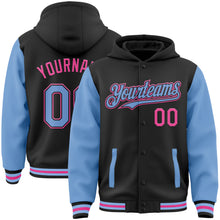 Load image into Gallery viewer, Custom Black Light Blue-Pink Bomber Full-Snap Varsity Letterman Two Tone Hoodie Jacket
