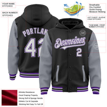 Load image into Gallery viewer, Custom Black Gray-Purple Bomber Full-Snap Varsity Letterman Two Tone Hoodie Jacket
